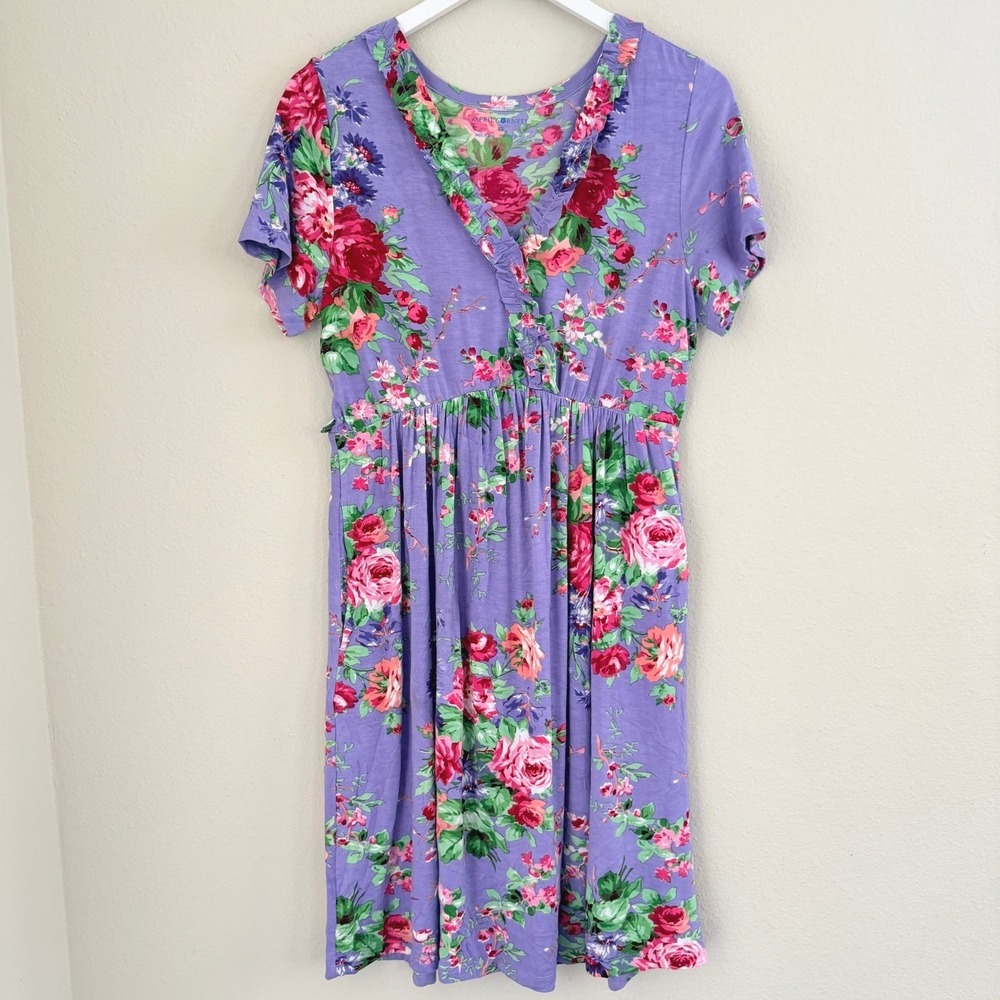 April Cornell Purple Floral Ruffle Mini Dress Short Sleeve Sz XS Jersey Knit